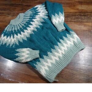Vtg 80s Handmade The Lodge Pure Wool Sweater, Fair Isle Pattern Cozy Cabin Core